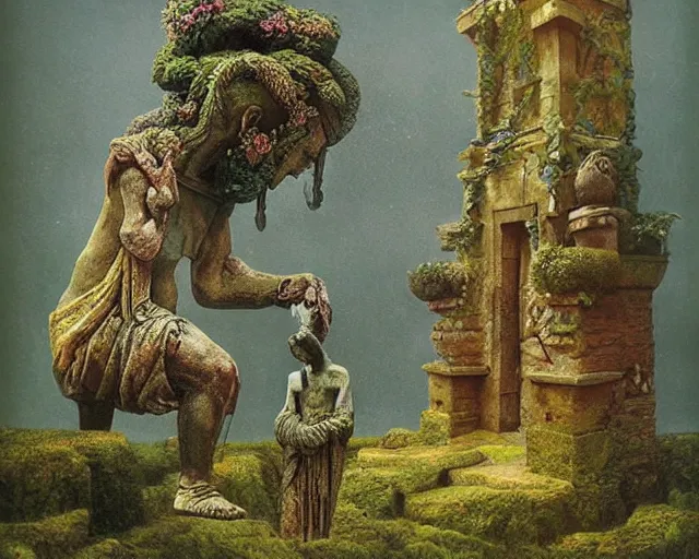 Image similar to a pagan luscious garden with amazing little altar and plants with a gigantic statue of an ancient god stretching its arms above the garden by beksinski, digital art, colorful, artstation, beksinski