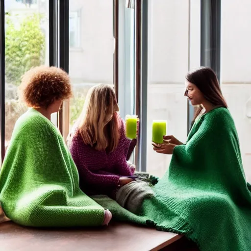 Image similar to knitted blankets women drinking green juice in front of window with a courtyard in the background