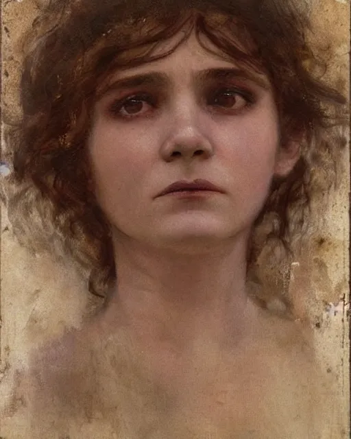 Prompt: a beautiful but sinister girl who looks like a young shirley henderson in layers of fear, with haunted eyes and curly hair, 1 9 7 0 s, seventies, delicate embellishments, a little blood, crimson, painterly, offset printing technique, by jules bastien - lepage