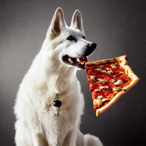 Image similar to detailed photo of a white german shepherd eating pizza, various posed, full body, studio light, 8 k, photorealism, intricate detail, diffuse lighting