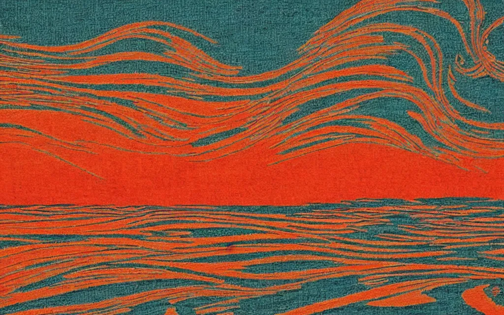 Image similar to a beutiful sunset on a beach, fractal waves. japanese embroidery. retro minimalist art by jean giraud.