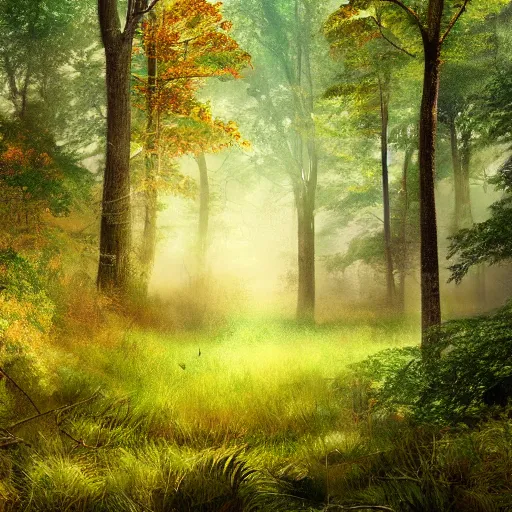 Image similar to a clearing in a forest, digital art, highly detailed, realistic, bright colors, 8 k