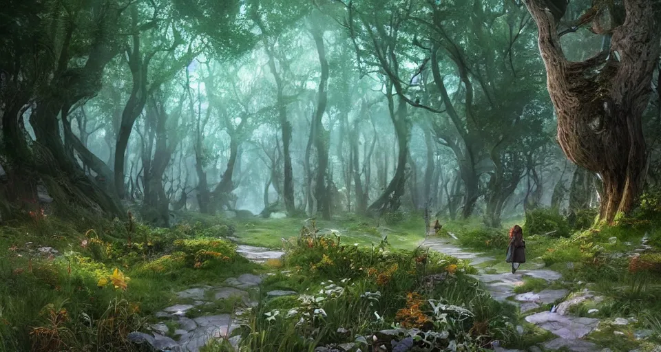 Image similar to Beautiful uplifting glade with elven pathmarkers along the road bg. J.R.R. Tolkien's Middle-Earth. Trending on Artstation. Digital illustration. Artwork by Darek Zabrocki and Sylvain Sarrailh. Concept art, Concept Design, Illustration, Marketing Illustration, 3ds Max, Blender, Keyshot, Unreal Engine, ZBrush, 3DCoat, World Machine, SpeedTree, 3D Modelling, Digital Painting, Matte Painting, Character Design, Environment Design, Game Design, After Effects, Maya, Photoshop.