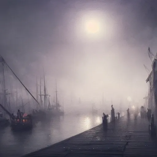 Prompt: concept art of a foggy victorian harbour at night, cinematic, moonlight, street lamps, ships, dark, in the style of greg rutkowski and ruan jia and jeremy lipking and peter mohrbacher, mystical colors, rim light, beautiful lighting, 8 k, stunning scene, raytracing, octane, trending on artstation