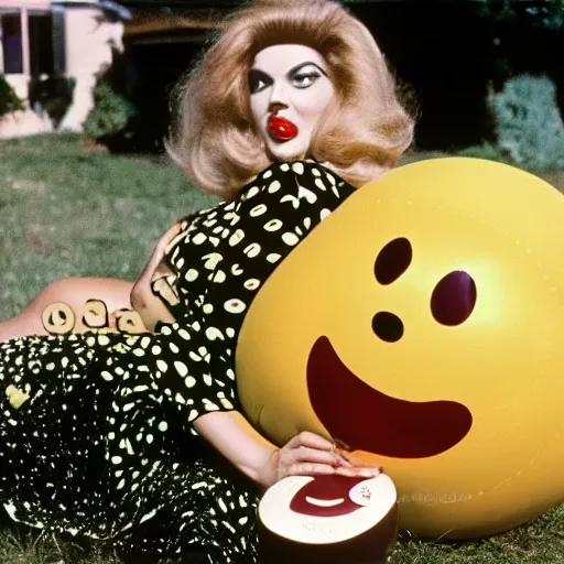 Prompt: 1976 glamorous thicc woman wearing an inflatable smiley head, wearing a dress, in a small village full of inflatable worms, 1976 French film archival footage technicolor film expired film 16mm Fellini new wave John Waters Russ Meyer movie still