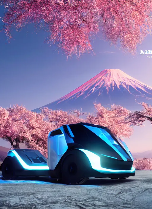 Prompt: a futuristic crystalpunk tesla cyber truck vehicle hover craft in the future of 2 0 8 9 futuristic version, cyberpunk look. digital art. trending on artstation. cyberpunk look hovering by mount fuji early in the morning with a few blossom trees around, high quality photo