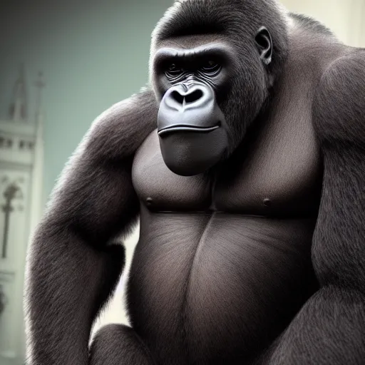 Image similar to big gorilla man terroizing church, 8k cinematic lighting, very sharp detail, anatomically correct