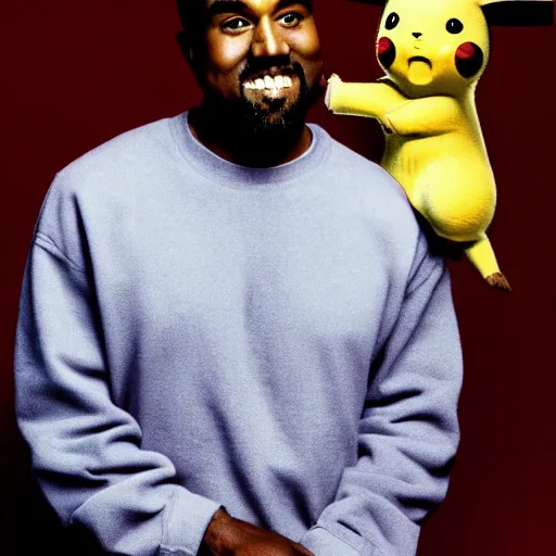 Image similar to Kanye West smiling and holding pikachu for a 1990s sitcom tv show, Studio Photograph, portrait C 12.0