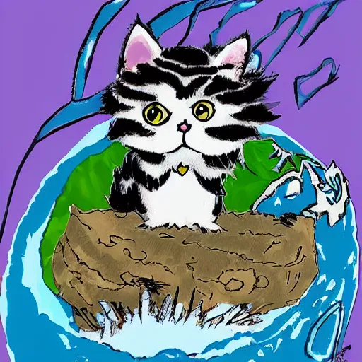 Prompt: A cartoon illustration of a fuzzy picky face kitten sitting on the top of planet earth, digital art, in the style of Hayao Miyazak