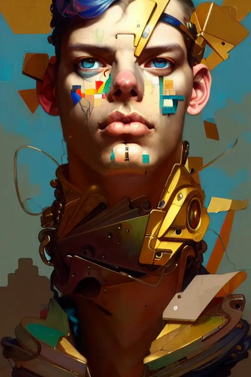 Image similar to portrait, patchwork boy, cyberpunk, elegant baroque, expressive, asymmetrical art, hyperrealism, colorful, vivid, imposing, epic, abstract texture, gold leaf texture, artstation, concept art, by peter mohrbacher and wlop and rhads and artgerm and magali villeneuve and alphonse mucha