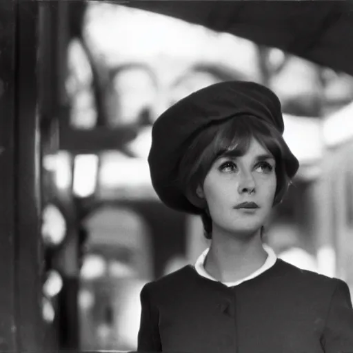 Prompt: still from a masterpiece 1 9 6 0 s french art film, very beautiful and elegant girl in beret with large eyebrows sits in the far background with an angry expression, moody lighting, viewed from afar, cinematic shot, the camera is focused on her conversation with a man, color film