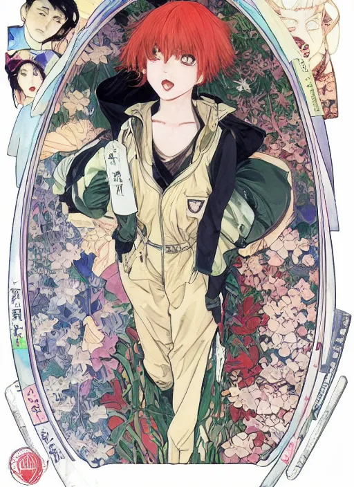 Prompt: a copic maker manga illustration by yoshiyuki sadamoto and lois van baarle and alphonse mucha of a japanese girl highly detailed big eyes wearing streetwear anorak and a pilot suit lots of zippers, pockets, synthetic materials, by issey miyake and balenciaga 8 k