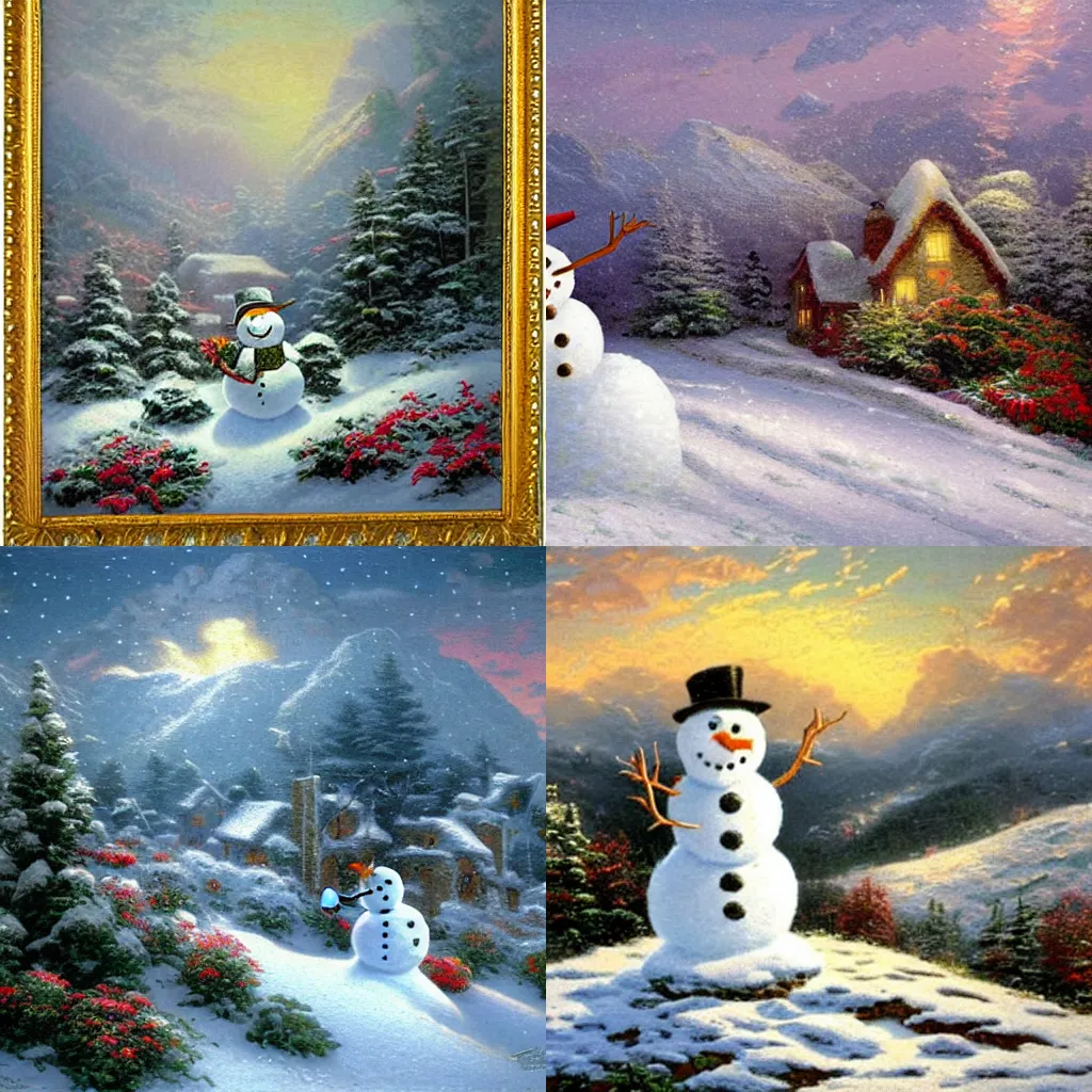 Prompt: snowman on a snowy hill with Winter flowers by Thomas Kinkade