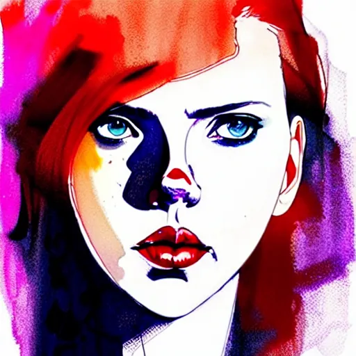 Image similar to phil noto, pretty scarlett johansson black widow, symmetrical eyes, long red hair, full body, by agnes cecile and moebius and envi bikal, very luminous design, pastel colours, ink drips, autumn lights