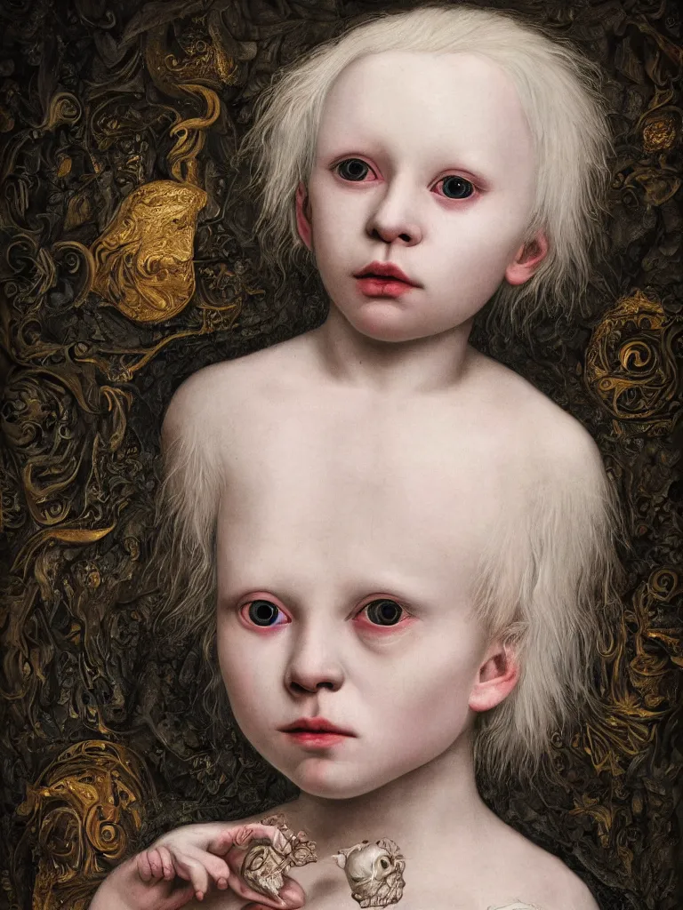 Prompt: Detailed maximalist portrait of a stunning albino child with cracked porcelain skin, dark piercing eyes, a small discrete mouth, HD mixed media, 3D collage, highly detailed and intricate, surreal illustration in the style of Caravaggio, dark art, baroque