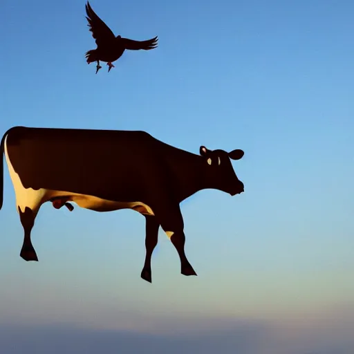 Prompt: a cow with bird wings flying in the sky