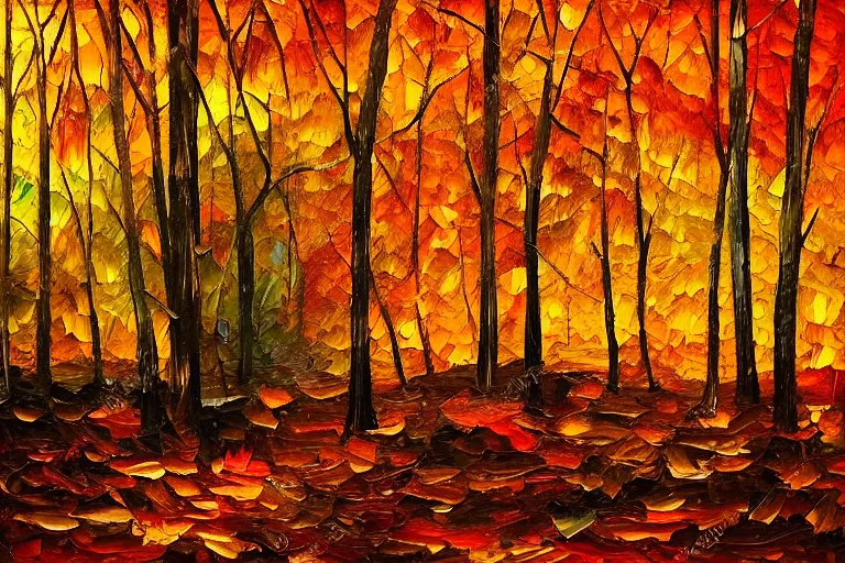 Image similar to oil painting of a forest in autumn, leafs falling, dramatic lighting, colorful, autumn colors