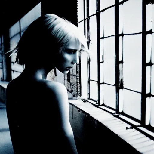 Image similar to runaway beautiful supermodel replicant looking out the window in a dirty abandoned factory, short blonde hair, still from closed circuit tv footage, high angle