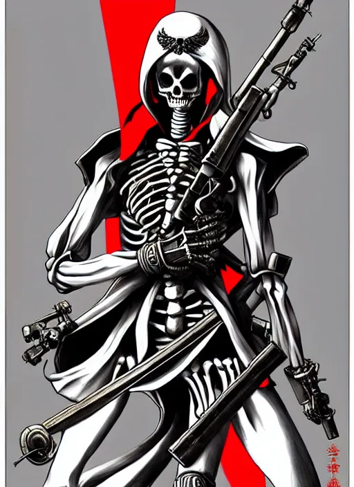 Prompt: shin megami tensei art of a demon that is a skeleton soviet soldier from 1 9 2 0 s wearing a budenovka, art by kazuma kaneko, demonic! compedium!, law aligned, digital drawing, white background, very high quality, very highly detailed