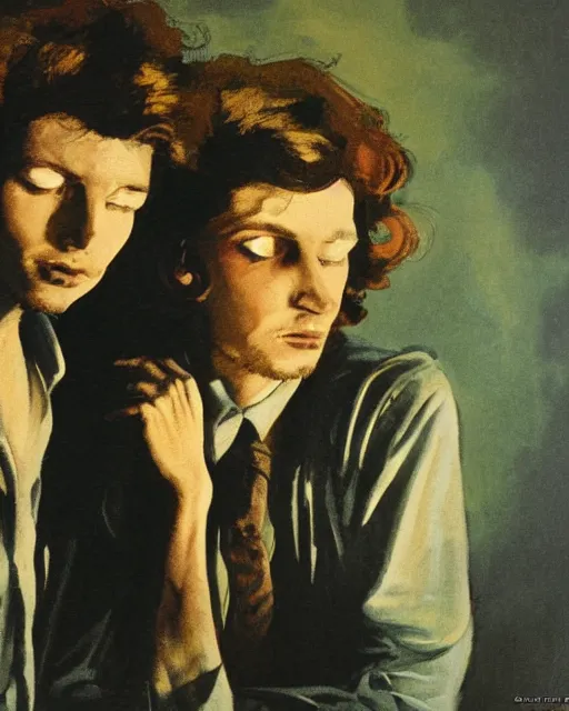 Image similar to two beautiful but sinister young men wearing oxford shirts in layers of fear, with haunted eyes and wild hair, 1 9 7 0 s, seventies, wallpaper, a lot of blood, moonlight showing injuries, delicate embellishments, painterly, offset printing technique, by brom, robert henri, walter popp