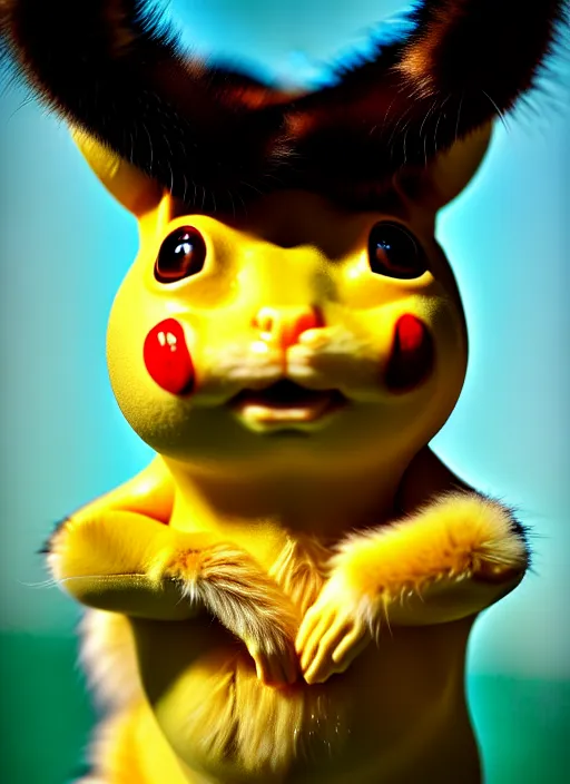 Image similar to closeup portrait of pickachu, depth of field, zeiss lens, detailed, symmetrical, centered, fashion photoshoot, by Annie Leibovitz and Steve McCurry, Breathtaking, 8k resolution, extremely detailed, beautiful, establishing shot, artistic, hyperrealistic, fur, octane render