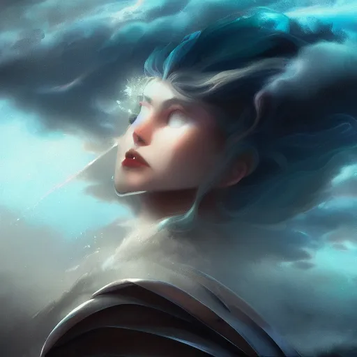 Prompt: beautiful goddess of wind aloft in a storm cloud, 8k resolution matte fantasy painting, moody cinematic lighting, DeviantArt Artstation, by Ross Tran