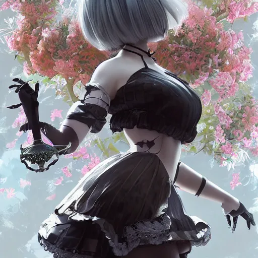 Image similar to 2B, android, nier automata, elaborate emotive Baroque and Rococo styles to emphasize beauty as a transcendental, 8k image, ultra-realistic, the style of WLOP