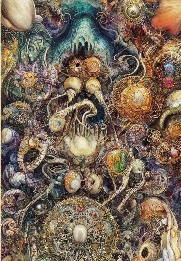 Image similar to simplicity, colorful muscular eldritch bodies and shells radiating town fractal, mandala white bones, colorful gems, brush pen, by h. r. giger and esao andrews and maria sibylla merian eugene delacroix, gustave dore, thomas moran, pop art, chiaroscuro, biopunk, art nouveau