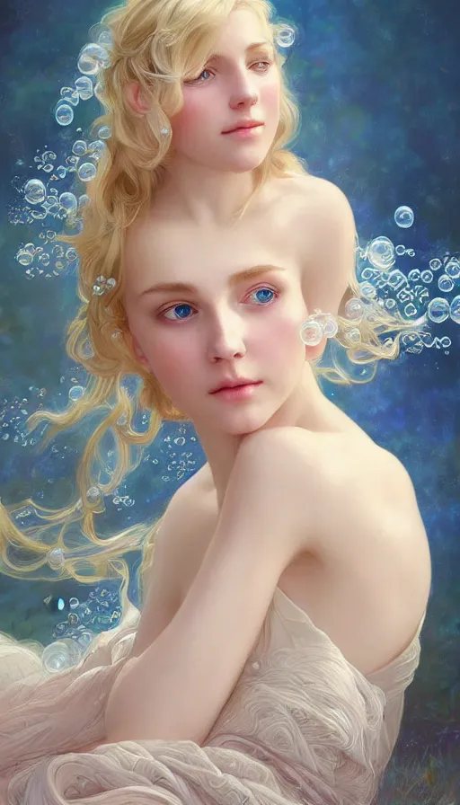 Prompt: portrait of young blonde, dreamy and ethereal, expressive pose, big blue eyes, peaceful expression, ornate frilly dress, fantasy, intricate, elegant, many rainbow bubbles, rose tones, highly detailed, digital painting, artstation, concept art, smooth, sharp focus, illustration, art by artgerm and greg rutkowski and alphonse mucha