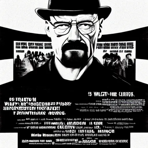 Image similar to walter white in an old noir film poster, movie advertisement poster, black and white