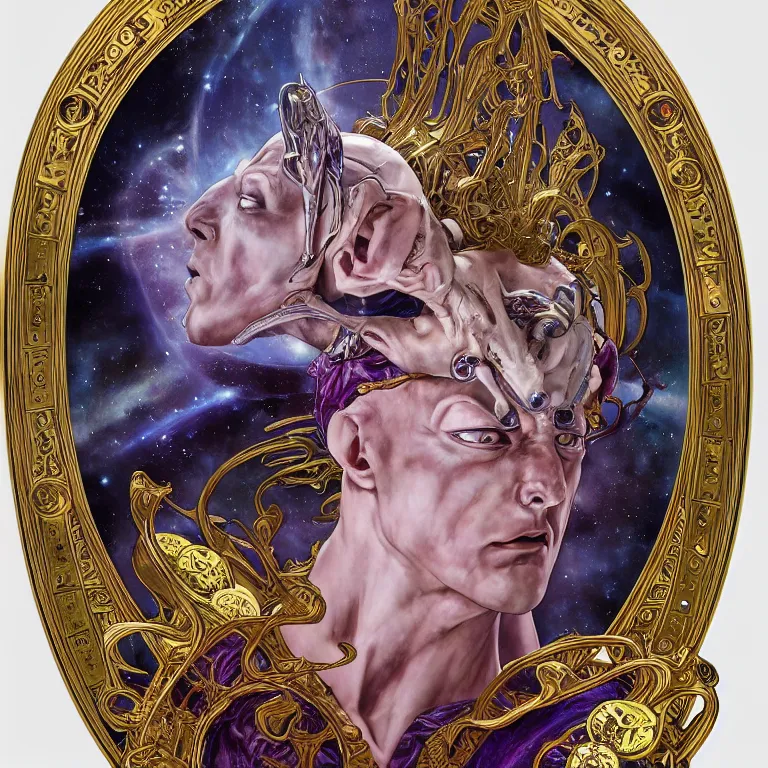 Prompt: portrait of Frieza made with porcelain by Jeff Easley and Peter Elson + beautiful eyes, beautiful face + symmetry face + border and embellishments inspiried by alphonse mucha, fractals in the background, galaxy + baroque, gothic, surreal + highly detailed, intricate complexity, epic composition, magical atmosphere + masterpiece, award winning + trending on artstation