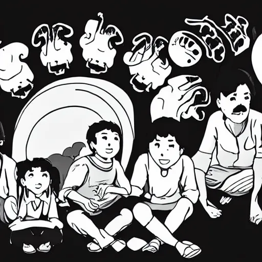 Image similar to five friends sitting and staring up at the alien craftship, mange, studio ghibli style, black and white, detailed