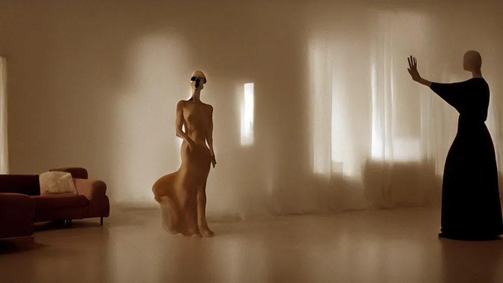 Image similar to a woman made of wax and water floats through the living room, film still from the movie directed by Denis Villeneuve with art direction by Salvador Dalí, wide lens