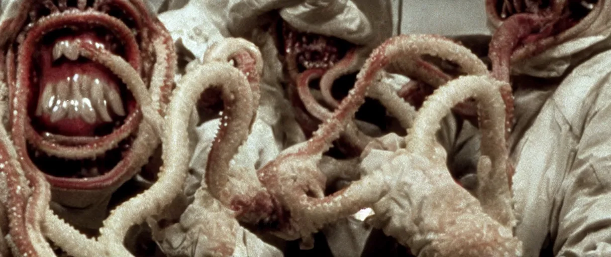 Prompt: filmic extreme close up shot movie still 4 k uhd interior 3 5 mm film color photograph of a camouflaged solider screaming being grabbed by a scientist with tentacles in a lab in antartica the thing 1 9 8 2