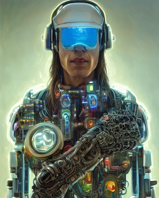 Image similar to a futuristic male hippie wearing tie - dye and cybernetic - implants | cyberpunk art | highly detailed | very intricate | symmetrical | cinematic lighting | award - winning | closeup portrait | painted by donato giancola and mandy jurgens and rossdraws and rhads | featured on artstation