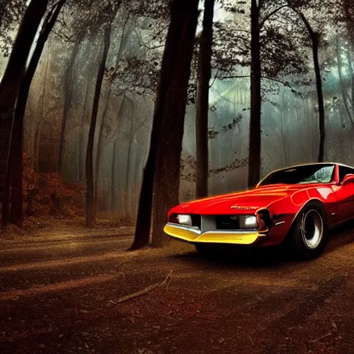 Prompt: pontiac firebird with angelic wings, dramatic, cinematic, forest, volumetric lighting