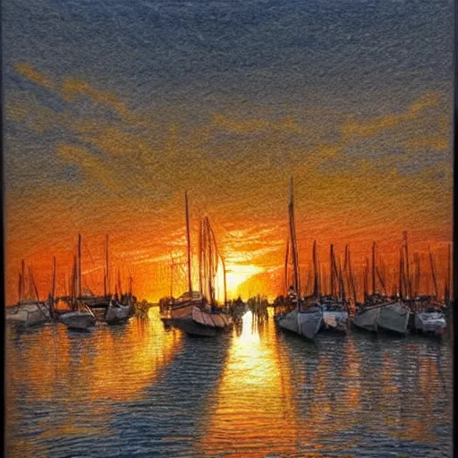 Image similar to Colored pencil art on paper, Venetian port village Sunset reflecting light of the water, highly detailed, artstation, MasterPiece, Award-Winning, Caran d'Ache Luminance