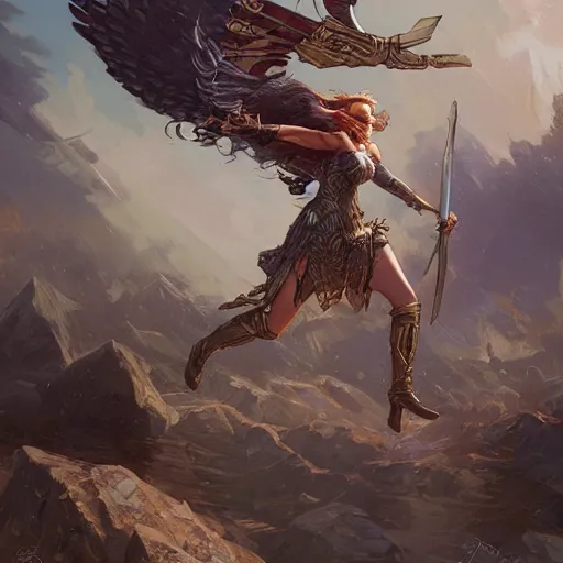 Image similar to A Valkyrie charging into battle during Ragnarok, fantasy, intricate, highly detailed, digital painting, artstation, Greg Rutkowski, Artgerm, Alphonse Mucha, WLOP