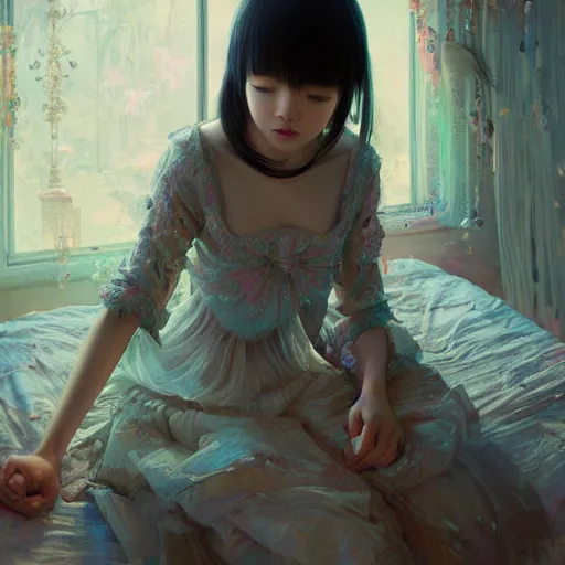 Image similar to beautiful young girl in intricate clothing by ross tran, sleeping in a messy bedroom at night, painted by sana takeda, reflections, very high intricate details, painting by liu xiaodong, digital anime art, medium shot, mid - shot, composition by ilya kuvshinov, backlit, lighting by greg rutkowski