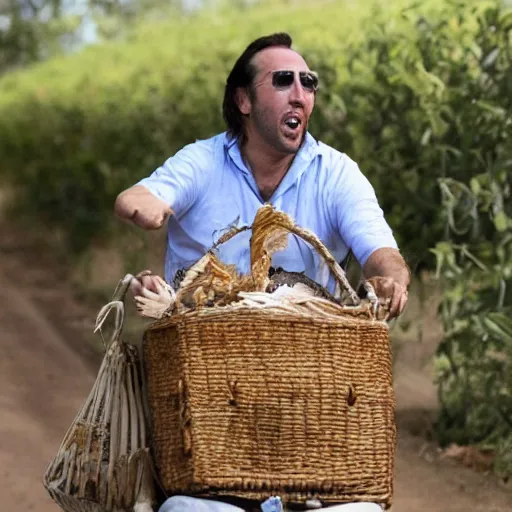 Prompt: nicolas cage with a wicker basket over head screaming with a mouth full of peas