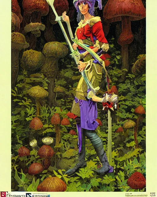 Image similar to moonshine cybin hirsute epic level dnd crick elf spore druid, wielding a magical sword, wearing magical overalls. covered in various fungi. full character concept art, realistic, high detail digital gouache painting by angus mcbride and michael whelan and jeffrey jones.