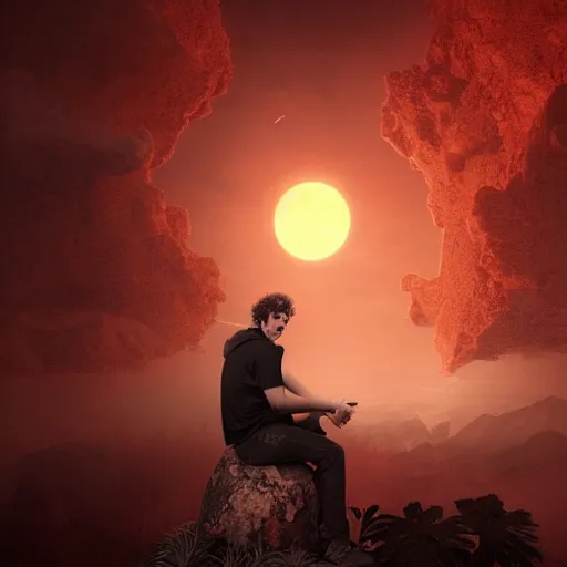 Prompt: gustavo cerati sitting on the red moon, digital art, matte painting, render unreal engine, highly detailed,