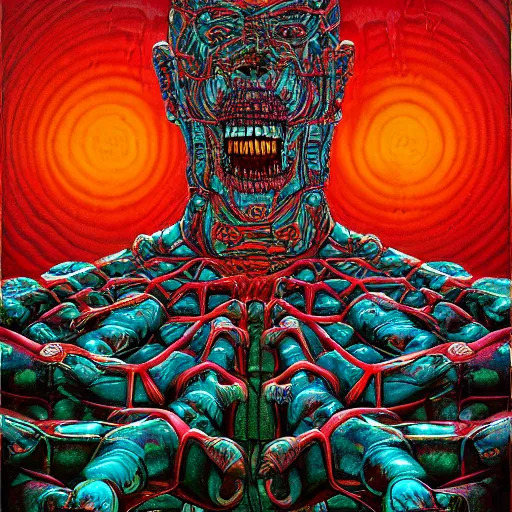 Image similar to a grand scale painting of lament configuration box floating above skinned bloody man in hell by clive barker and alex grey and lisa frank and beksinski