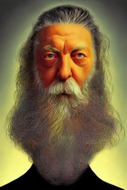 Prompt: a close-up portrait of Alan Moore, dramatic backlighting, golden hour, autochrome, high contrast, highly detailed, sharp focus, digital painting, concept art, illustration, rock, chiaroscuro, trending on artstation, art by lou romano, dice tsutsumi, Steven Stahlberg