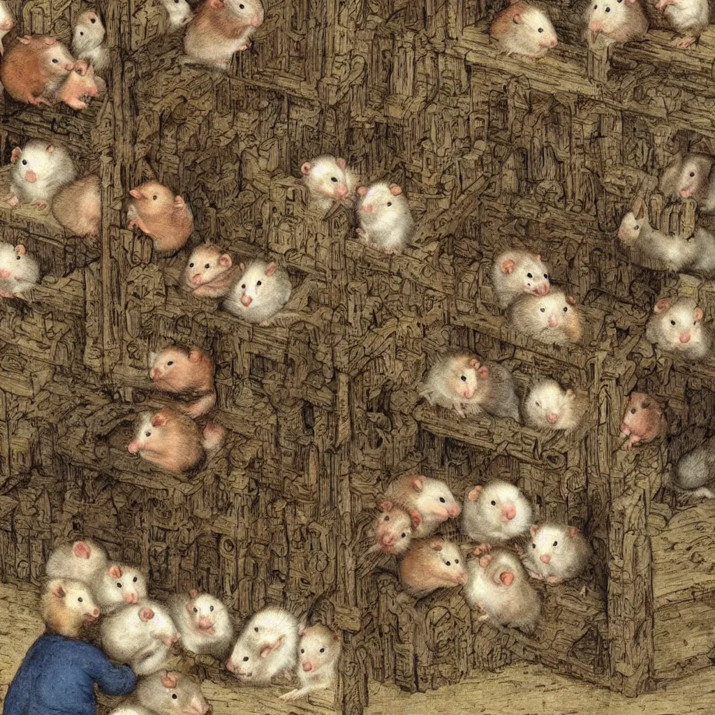 Prompt: hamster in a medieval stockade in the town square and a crowd of angry hamsters surrounding it, 1 2 th century europe theme