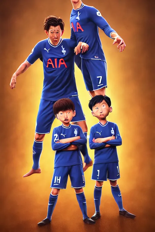 Prompt: !dream an epic comic book style full body portrait painting of harry kane and son heung-min as two children, character design by Mark Ryden and Pixar and Hayao Miyazaki, unreal 5, DAZ, hyperrealistic, octane render, cosplay, RPG portrait, dynamic lighting, intricate detail, summer vibrancy, cinematic