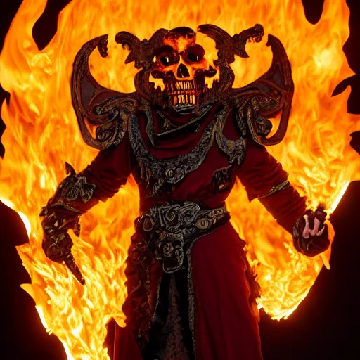 Image similar to ragnaros the firelord wielding burning skull as a mask, full body 8 k