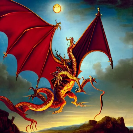 Image similar to baroque painting of a medieval dragon dressed as a wizard, the dragon has a long white beard, crescent moon in the background, detailed fullbody portrait, 8K HD image