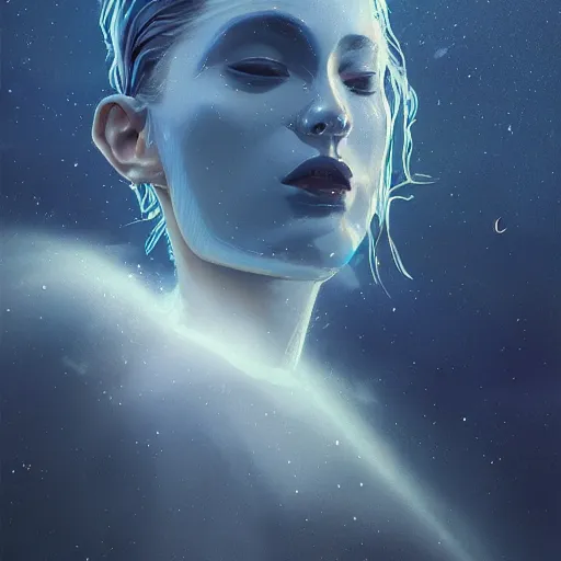 Prompt: sci - fi, close - up, 3 d, moon rays, night, sleepy fashion model face, cinematic, clouds, sun rays, vogue cover style, poster art, blue mood, realistic painting, intricate oil painting, high detail illustration, figurative art, multiple exposure, moon, 3 d, by tooth wu and wlop and beeple and greg rutkowski