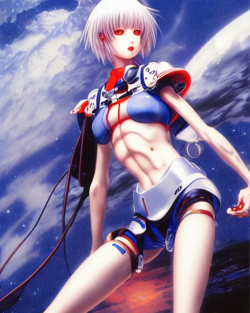 Image similar to rei ayanami by noriyoshi ohrai, hd, hyper detailed, dark, sky, half moon, dark atmosphere, 4 k